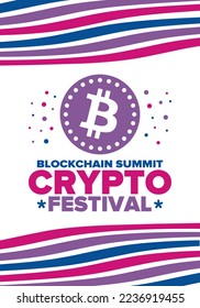 Crypto Festival. Blockchain Summit. Digital money and smart online technology. Finance, banking and business illustration. Cryptocurrency mining. Bitcoin logo. Flat design. Vector poster