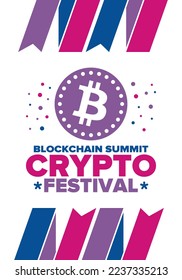 Crypto Festival. Blockchain Summit. Digital money and smart online technology. Finance, banking and business illustration. Cryptocurrency mining. Bitcoin logo. Flat design. Vector poster