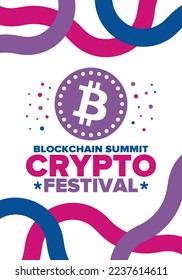 Crypto Festival. Blockchain Summit. Digital money and smart online technology. Finance, banking and business illustration. Cryptocurrency mining. Bitcoin logo. Flat design. Vector poster