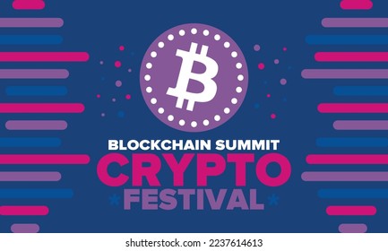 Crypto Festival. Blockchain Summit. Digital money and smart online technology. Finance, banking and business illustration. Cryptocurrency mining. Bitcoin logo. Flat design. Vector poster