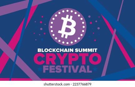 Crypto Festival. Blockchain Summit. Digital money and smart online technology. Finance, banking and business illustration. Cryptocurrency mining. Bitcoin logo. Flat design. Vector poster