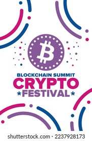 Crypto Festival. Blockchain Summit. Digital money and smart online technology. Finance, banking and business illustration. Cryptocurrency mining. Bitcoin logo. Flat design. Vector poster