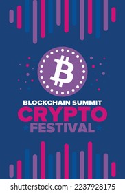 Crypto Festival. Blockchain Summit. Digital money and smart online technology. Finance, banking and business illustration. Cryptocurrency mining. Bitcoin logo. Flat design. Vector poster