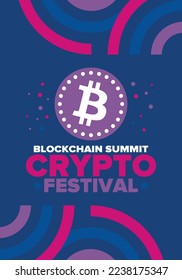 Crypto Festival. Blockchain Summit. Digital money and smart online technology. Finance, banking and business illustration. Cryptocurrency mining. Bitcoin logo. Flat design. Vector poster