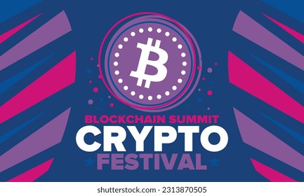 Crypto Festival. Blockchain Summit. Digital money and smart online technology. Finance, banking and business illustration. Cryptocurrency mining. Bitcoin logo. Flat design. Vector poster