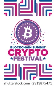 Crypto Festival. Blockchain Summit. Digital money and smart online technology. Finance, banking and business illustration. Cryptocurrency mining. Bitcoin logo. Flat design. Vector poster