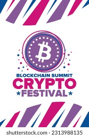 Crypto Festival. Blockchain Summit. Digital money and smart online technology. Finance, banking and business illustration. Cryptocurrency mining. Bitcoin logo. Flat design. Vector poster