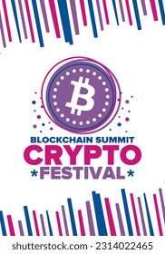 Crypto Festival. Blockchain Summit. Digital money and smart online technology. Finance, banking and business illustration. Cryptocurrency mining. Bitcoin logo. Flat design. Vector poster