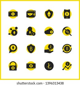 Crypto finance icons set with arm litecoin, smartphone and note bircoin elements. Set of crypto finance icons and safe ethereum concept. Editable vector elements for logo app UI design.