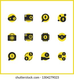 Crypto finance icons set with bitcoin cloud, bitcoins and message bitcoin elements. Set of crypto finance icons and digital money concept. Editable vector elements for logo app UI design.