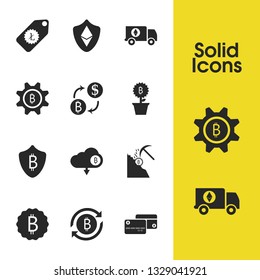 Crypto finance icons set with bitcoin extraction, options and ethereum cards elements. Set of crypto finance icons and cloud bitcoin concept. Editable vector elements for logo app UI design.