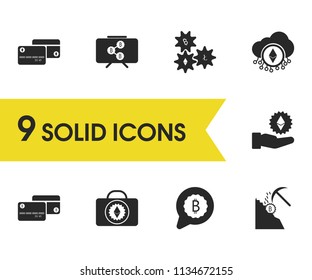 Crypto finance icons set with cloud ethereum, ethereum cards and cryptocurrency gears elements. Set of crypto finance icons and profit concept. Editable vector elements for logo app UI design.
