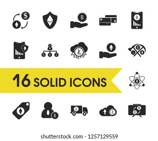 Crypto finance icons set with ethereum cards, structure bitcoin and shield elements. Set of crypto finance icons and exchange dollar concept. Editable vector elements for logo app UI design.