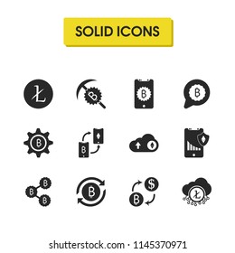 Crypto finance icons set with exchange bitcoin, bitcoin mining and update elements. Set of crypto finance icons and cloud ethereum concept. Editable vector elements for logo app UI design.