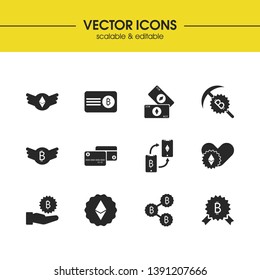 Crypto finance icons set with gemstone, badge ethereum and ethereum cards elements. Set of crypto finance icons and premium concept. Editable vector elements for logo app UI design.