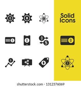 Crypto finance icons set with tag ethereum, change currency and ethereum settings elements. Set of crypto finance icons and gear concept. Editable vector elements for logo app UI design.