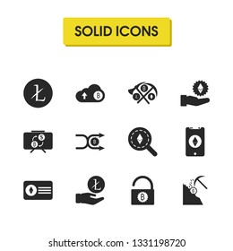 Crypto finance icons set with work crypto, cellphone and arm litecoin elements. Set of crypto finance icons and ethereum phone concept. Editable vector elements for logo app UI design.