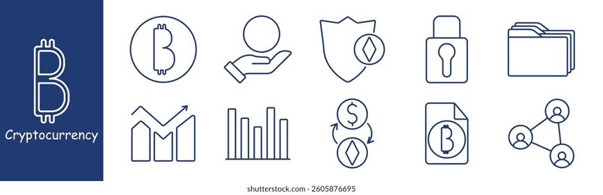 Crypto finance set icon. Bitcoin, Ethereum, chart, exchange, protection, folder, document, graph, mobile, analytics, blockchain storage, secure transactions, investment tools