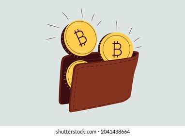 Crypto financial bill  cryptocurrency wallet  coin market  Cute happy purse is full bitcoins  Crypto wallet  cryptocurrency coins concept  Thin line kawaii vector illustration white background 