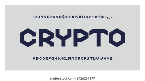 Fuente Crypto. Tipografía de criptomonedas con concepto de tecnología blockchain futurista. Cibertipografía de letras y números. Alfabeto digital para titular, web, póster, diseño de logotipo. Fondo abstracto