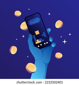 Juego de criptografía en tu smartphone. Ilustración de juegos criptográficos P2E. Ilustración del vector