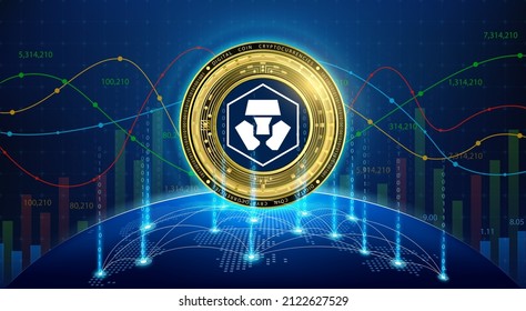 crypto.com gold coin. Token cryptocurrency currency on future internet. Digital online technology blockchain stock market and crypto currencies. Hologram with a globe and world map. Vector EPS10.