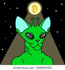 Cripto verde esfinge gato alien en la luz de la luna bitcoin