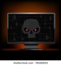 Crypto hacker skull with bitcoin eyes on the binary dark code black computer monitor. Cyber crime hacking illustration. Money security currency hack attack