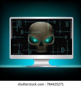 Crypto hacker skull with bitcoin eyes on the binary dark blue code white computer monitor. Cyber crime hacking illustration. Money security currency hack attack