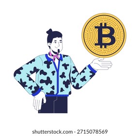 Conceito de ilustração 2D de suporte de criptografia. Apresentador de criptomoeda. Proprietário de moeda digital BTC. Homem moderno segurando Bitcoin personagem de desenho animado isolado no branco. Metáfora vetorial abstrata plana