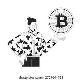 Concepto de ilustración de línea de soporte de criptomonedas. Presentador de criptomonedas. Propietario de moneda digital BTC. Hombre moderno que sostiene el carácter aislado del contorno 2D de la moneda de Bitcoin. Arte vectorial de metáfora lineal de tinta