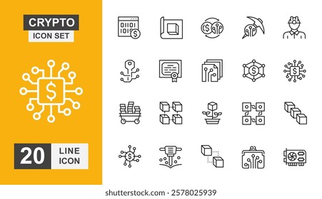 Crypto icon set. Currency, investment, finance, coding, coin and more line icon.