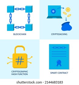 Kryptosymbol im flachen Stil eingestellt. Kryptographische Hashfunktion, Blockchain, Smart Contract und Kryptojacking-Symbole. Vektorgrafik.