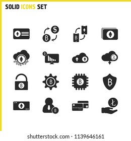 Crypto icons set with bitcoin cards, closed bitcoin and safe bitcoin elements. Set of crypto icons and downloading concept. Editable vector elements for logo app UI design.
