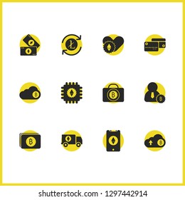 Crypto icons set with bitcoin cloud, cellphone and lock bitcoin elements. Set of crypto icons and truck concept. Editable vector elements for logo app UI design.