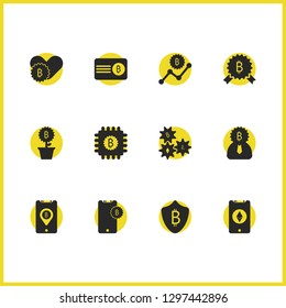 Crypto icons set with bitcoin phone, card bitcoin and cryptocurrency gears elements. Set of crypto icons and heart concept. Editable vector elements for logo app UI design.