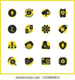 Crypto icons set with chip ethereum, bitcoin ethereum safe and exchange bitcoin elements. Set of crypto icons and download concept. Editable vector elements for logo app UI design.