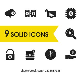 Crypto icons set with desktop graphic, bitcoin database and litecoin elements. Set of crypto icons and earnings concept. Editable vector elements for logo app UI design.