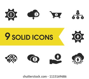 Crypto icons set with ethereum settings, work crypto, hand ethereum elements. Set of crypto icons and profit concept. Editable vector elements for logo app UI design.