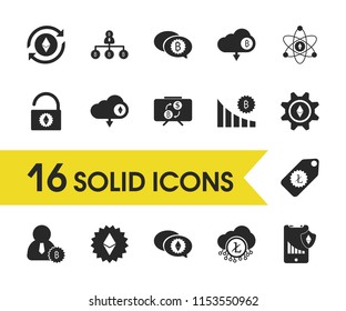 Crypto icons set with ethereum settings, bitcoin comment and reload ethereum elements. Set of crypto icons and gemstone concept. Editable vector elements for logo app UI design.