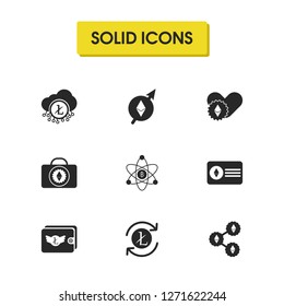 Crypto icons set with ethereum share, digital money and ethereum card elements. Set of crypto icons and investment concept. Editable vector elements for logo app UI design.