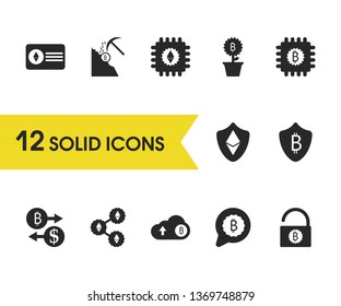 Crypto icons set with ethereum share, chip bitcoin and change currency elements. Set of crypto icons and flowerpot concept. Editable vector elements for logo app UI design.