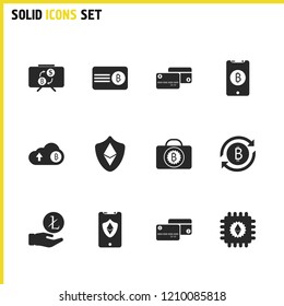 Crypto icons set with seminar board, bitcoin cloud and shield elements. Set of crypto icons and security concept. Editable vector elements for logo app UI design.