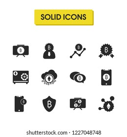 Crypto icons set with seminar board, bitcoin mark and fintech elements. Set of crypto icons and bitcoin manager concept. Editable vector elements for logo app UI design.
