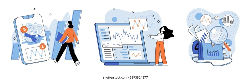 Crypto invest. Vector illustration. Cryptocurrency exchanges serve as platforms for trading digital assets and converting them into traditional currencies Finance professionals study financial aspects