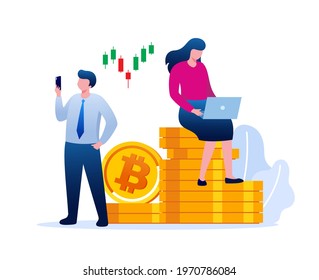 Crypto investing and mining. Digital assets. People hold and invest on bitcoin. cryptocurrency vector illustration for website landing page template