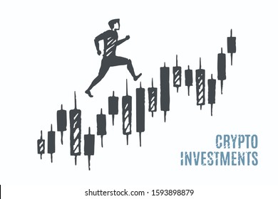 Crypto investmens - isolated vector concept art sketch. Investor runs up quotes. Trading in the financial market. Step by step.