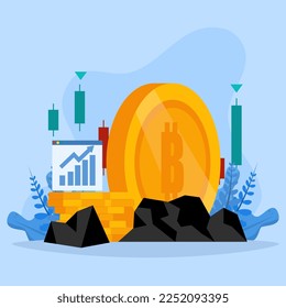 Crypto investment and mining. Digital assets. cryptocurrency vector illustration. Cryptocurrency or crypto digital money mining element. People hold and invest in bitcoins.