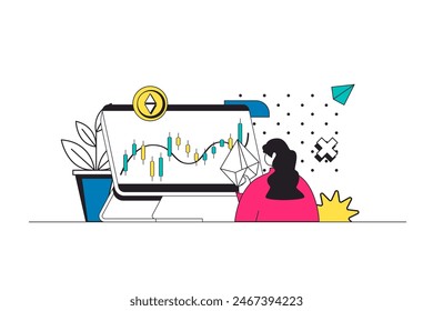 Crypto investment outline web concept in modern flat line design. Woman analyzing graphs and buying cryptocurrency coins, using risk financial strategy with bitcoins exchange. Vector illustration