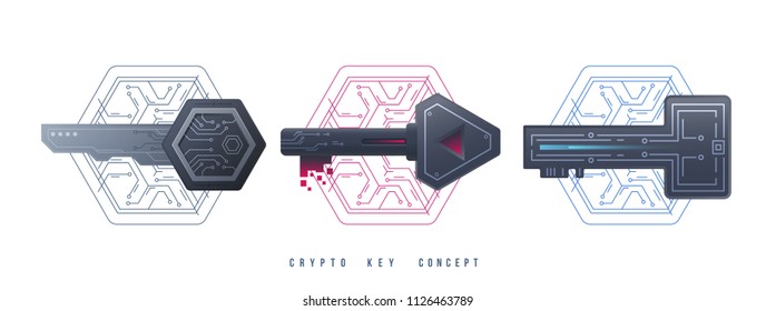 Crypto Keys Management Icons. Digital graphic symbols. Private keys for cryptocurrency. Global Digital technologies. Vector illustration